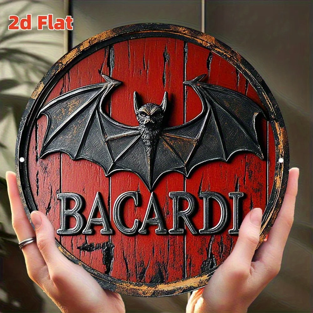 2D Flat, Bacardi Bat Logo Vintage Metal Sign - Authentic Cuban Spirits Decor with Red Background - Heavy-Duty Aluminum Bar Plaqu