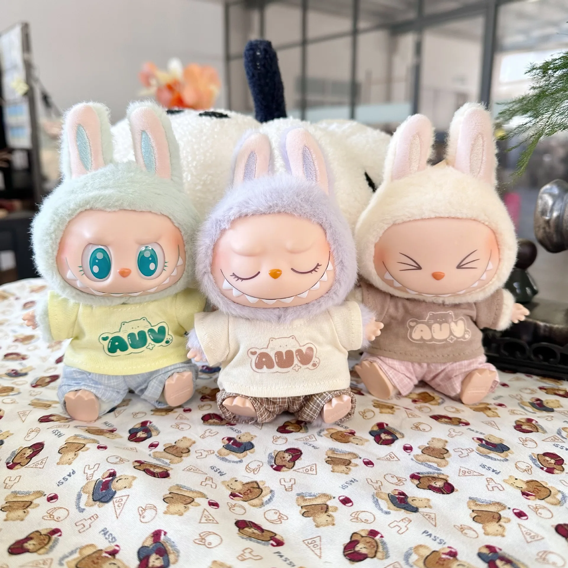 Vinyl Macaron Cloth Clothes First and Second Generation LABUBU Casual Checkered Two Piece Set Spring New Cute