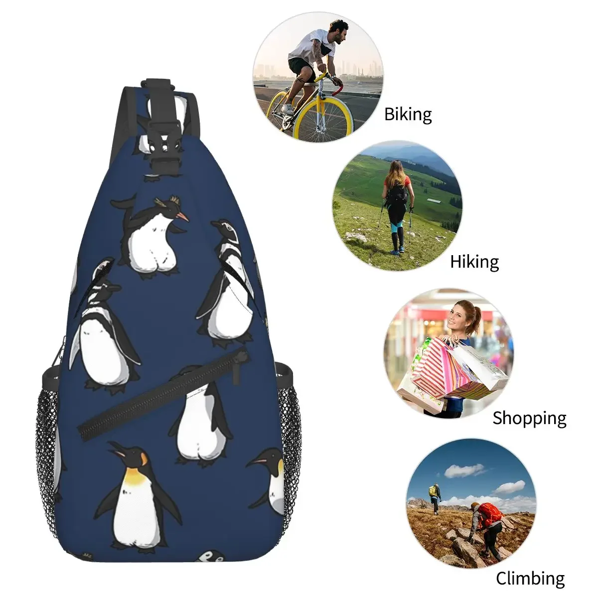 귀여운 펭귄 패턴 슬링 배낭, 하이킹 여행 체스트 백, 데이팩 남성 패션 크로스 바디 배낭 숄더백 파우치