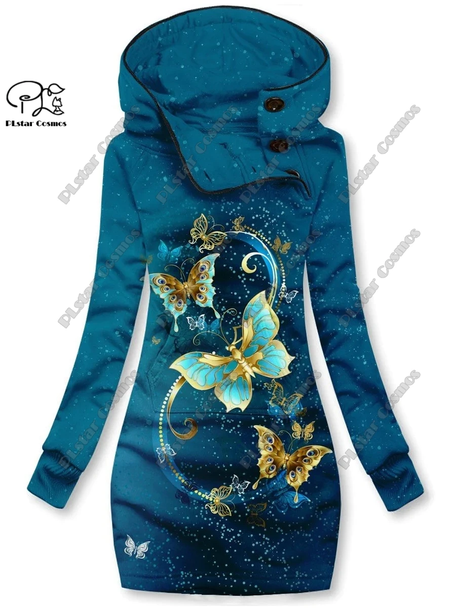 3D printing Christmas snowflake animal butterfly dragonfly pattern special collar women\'s long sweatshirt dress to keep warm