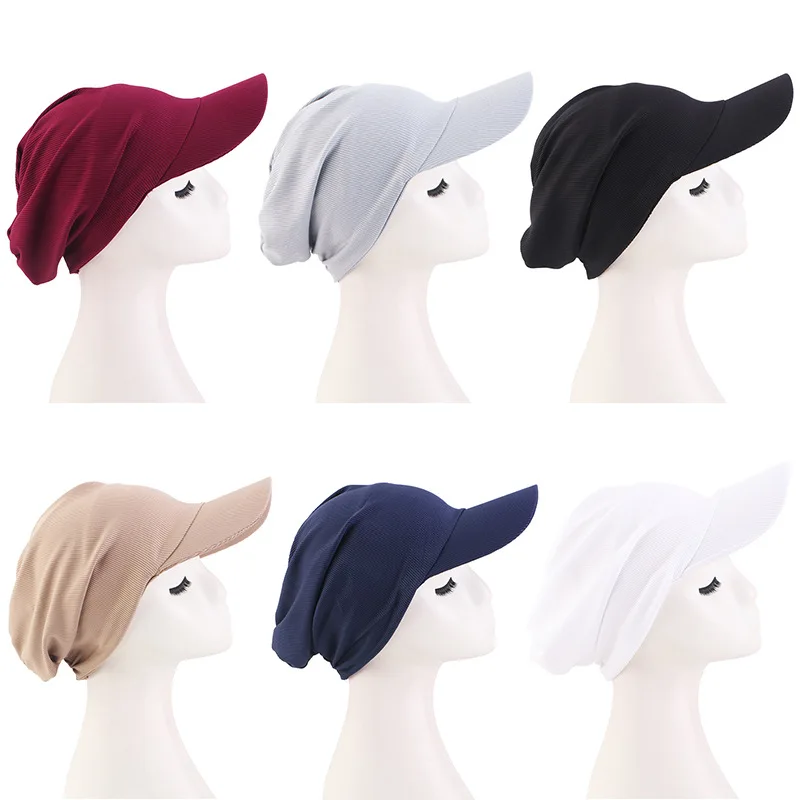 Striped Fabric Beanie Cap with Headband Brim Visor Hat for Outdoor Travel Sun Protection Headscarf Muslim Hijab Bonnet Headwear