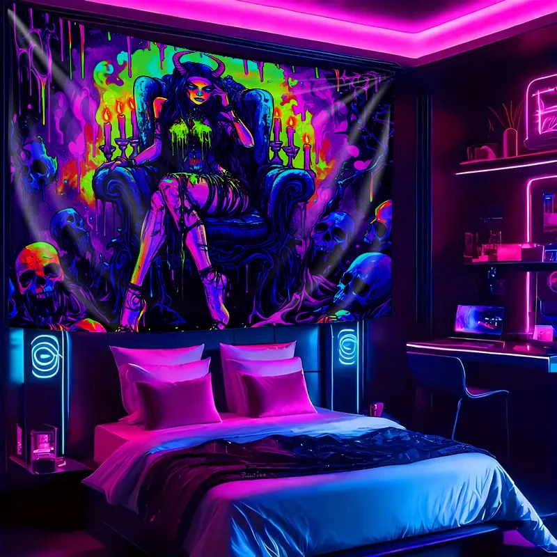 VIKAMA Cyberpunk Skull Candle Tapestry, Neon Goth Girl Wall Hanging for Bedroom Dorm E-sports Room Decor