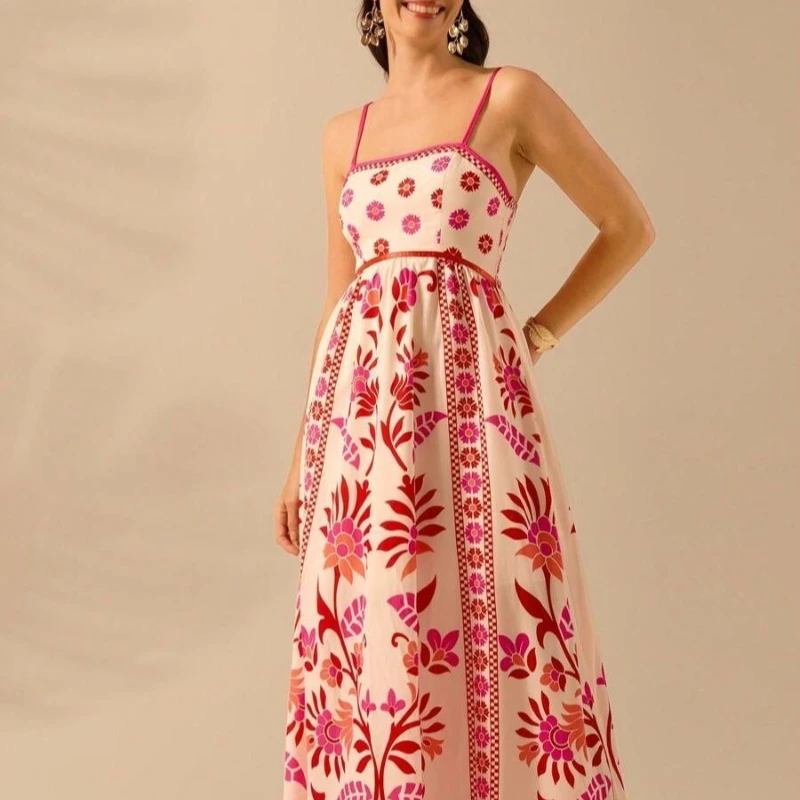 Women's Bohemian Mini A-Line Dress Fashion Sweet Ruffle Sleeveless Square Neck Short Sunshine Floral Print with Lotus Leaf Hem