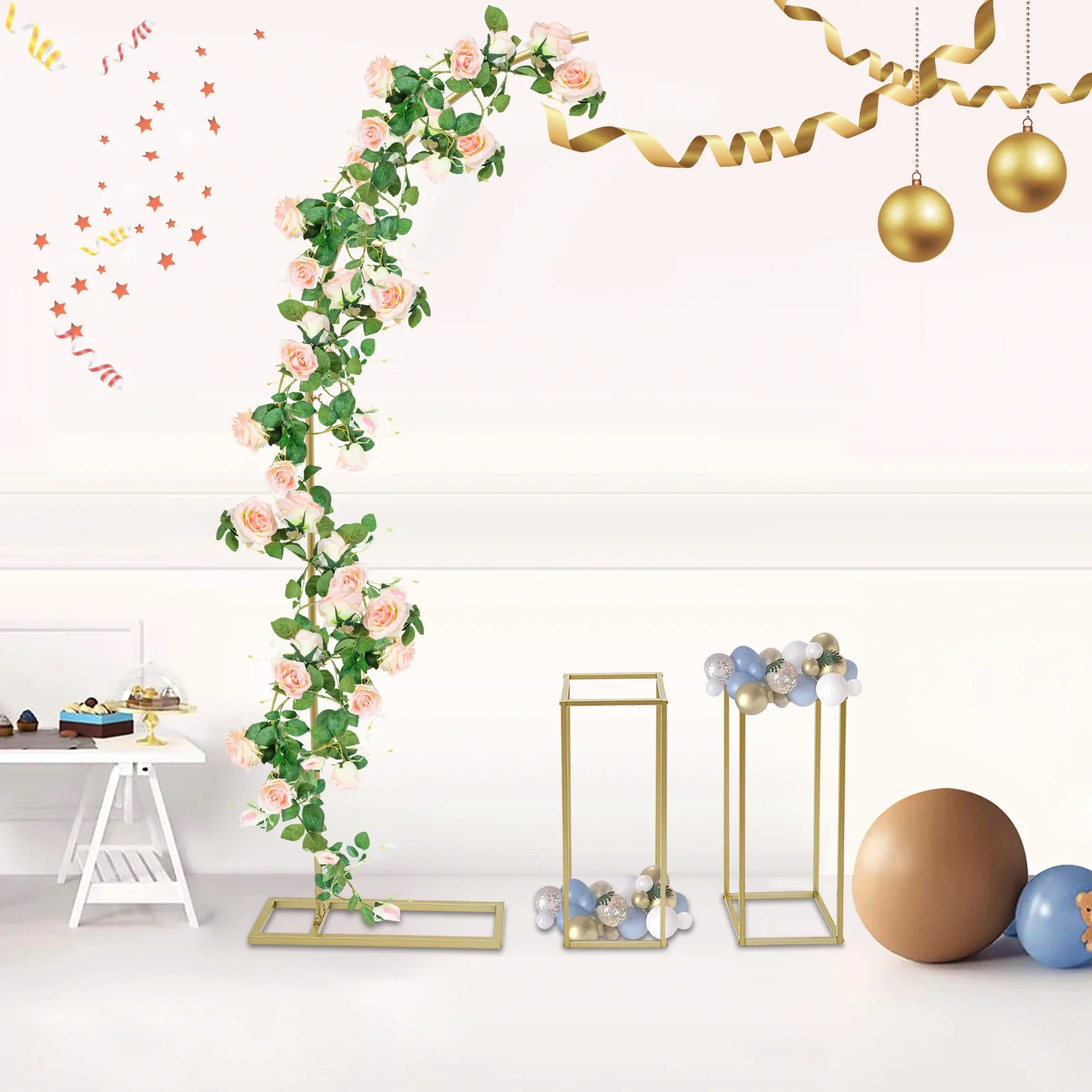 

2 m Balloon Arch and 2 Flower Stands, with Rectangular Base, Metal Wedding Arch Set, Removable and Reusable, Steel Tubes (Gold)