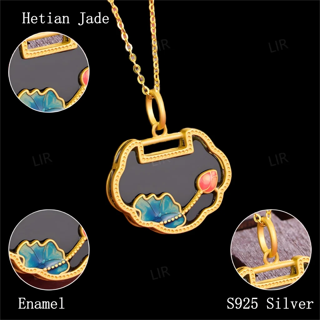 قلادة LIR النسائية: قلادة من اليشم الهيتي الطبيعي "روي لوتس" بلون المينا |   المجوهرات الجميلة مع شهادة اليشم