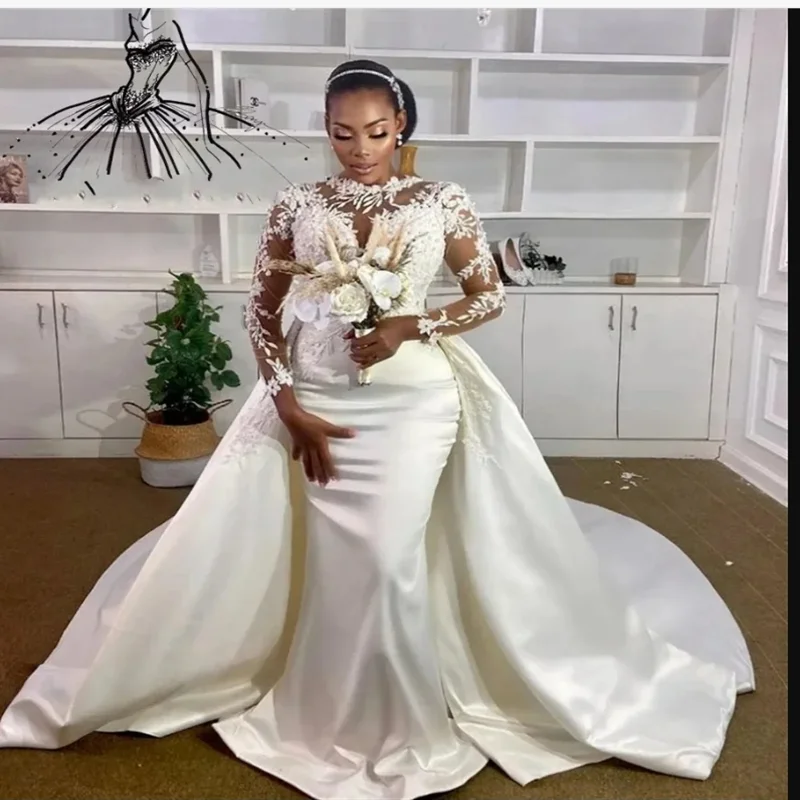 

Customized High Collar Lace Appliques Bridal Dress with Removable Skirt Robe De Mariée Long Sleeves African Bridal Gowns