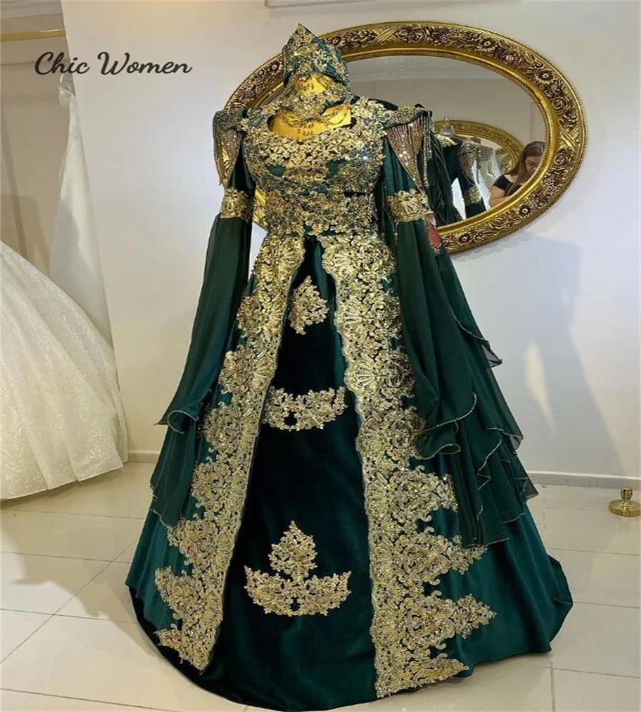 Gorgeous Caftan Moroccan Evening Dress With Gold Lace A Line Long Sleeve Beaded Albanian Abayas Prom Dress Engagement Customized