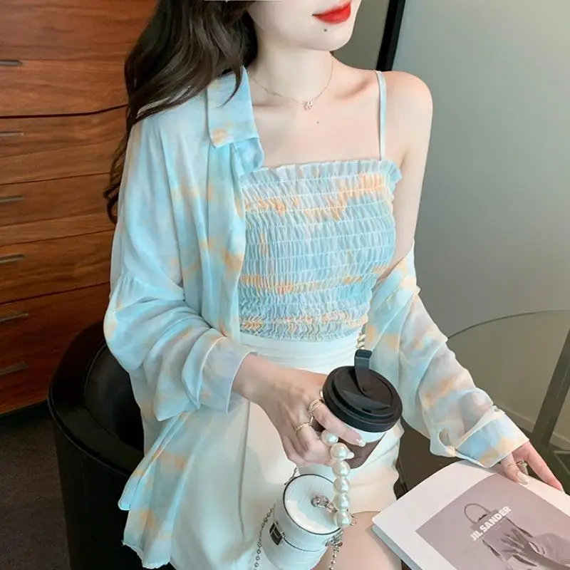 Women Summer Korean Fashion Loose Pleated Chiffon Sunscreen Polo-Neck Long Sleeve Shirts Women Clothes Casual All-match Tops