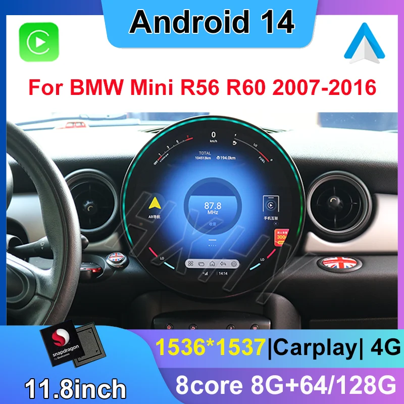 New Snapdragon 11.8Inch Android 14 Car Radio GPS Navigation Stereo Multimedia BT Aud For BMW Mini Cooper R56/ R60 2007-2016io