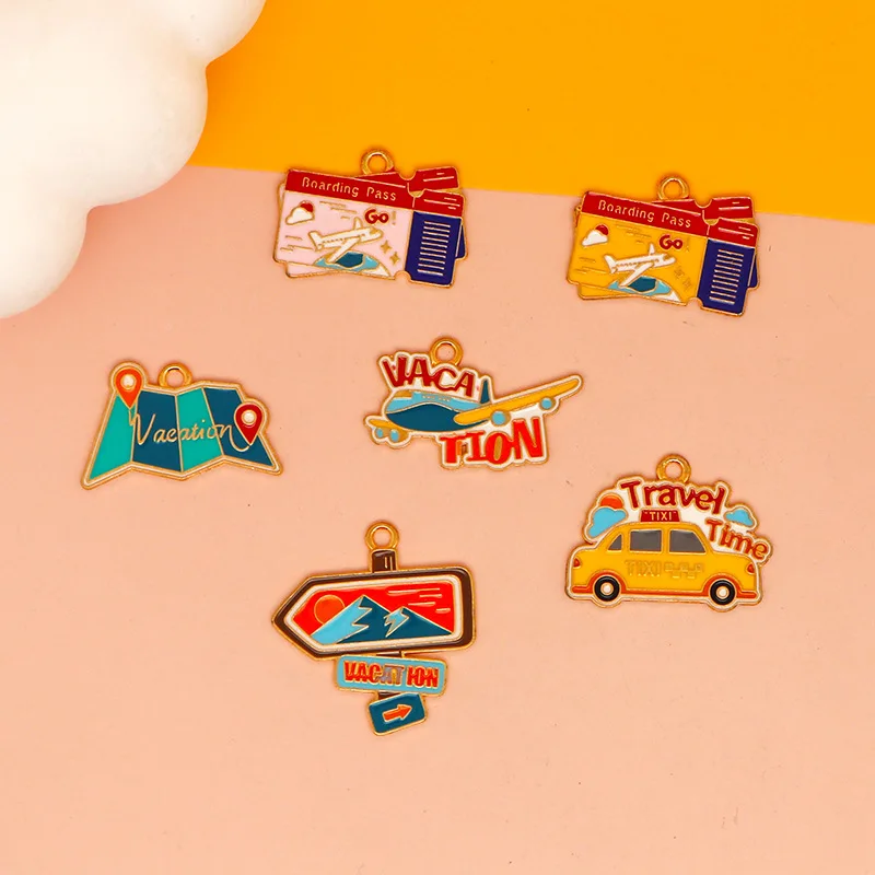 10pcs Travel Theme Enamel Charms Alloy Beach Air Ticket Plane Map Pendants for DIY Earring Bracelet Necklace Jewelry Accessory