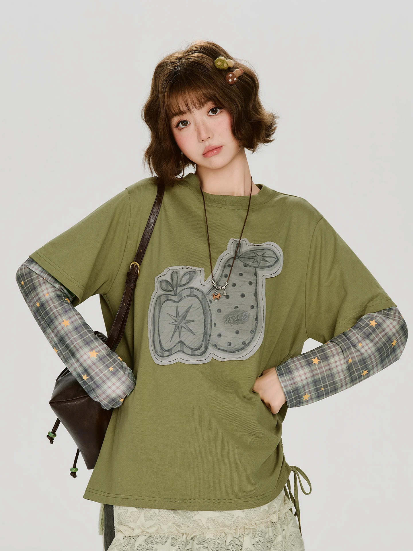 Girlyhalo American Retro Plaid False Two-Piece Long Sleeve T-Shirt Women Loose Drawstring round Neck Top Casual Style Autumn New