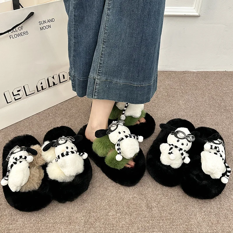 

Cute Cartoon Thick-soled Fur Slippers for Women in Autumn and Winter Wear Home Silent Non-slip Cotton Slippers