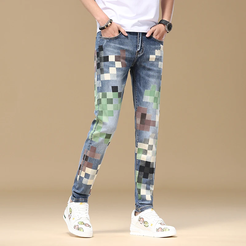 High-end summer jeans men's slim fit skinny street trend Korean style fashionable printed casual denim pants