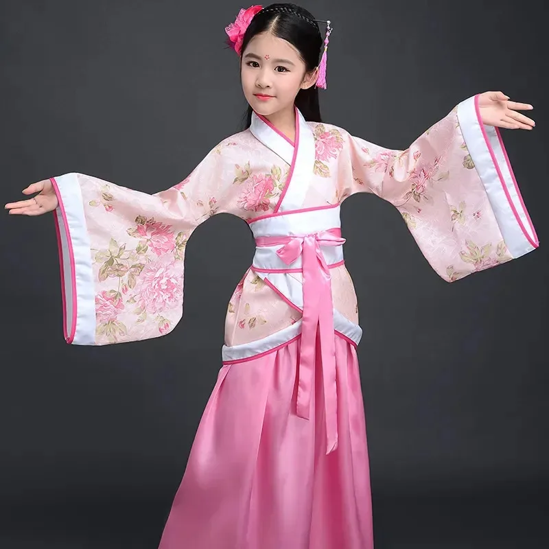 dd12Chinese silk robe Girls Children Kimono China Traditional Vintage Ethnic Fan Students Chorus Dance Costume Hanfu