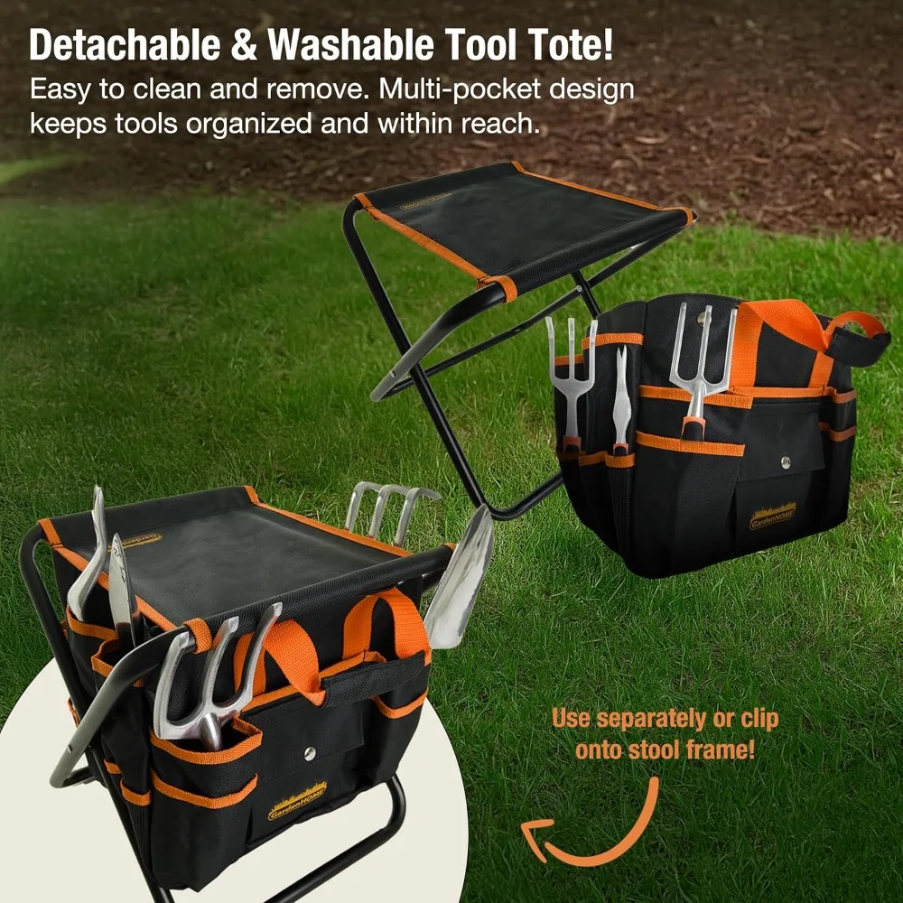 مجموعة أدوات حديقة من الفولاذ المقاوم للصدأ مكونة من 7 قطع مع مقعد قابل للطي وحقيبة حمل - مجموعة أدوات البستنة العملية للرجال والعمل في الفناء بنفسك