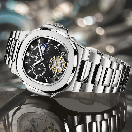 Imagen 2 del producto Reloj LIGE Tourbillon de doble segundo, reloj mecánico de 24 horas, reloj auténtico de acero inoxidable para hombre, reloj resistente al agua con brillo nocturno para hombre