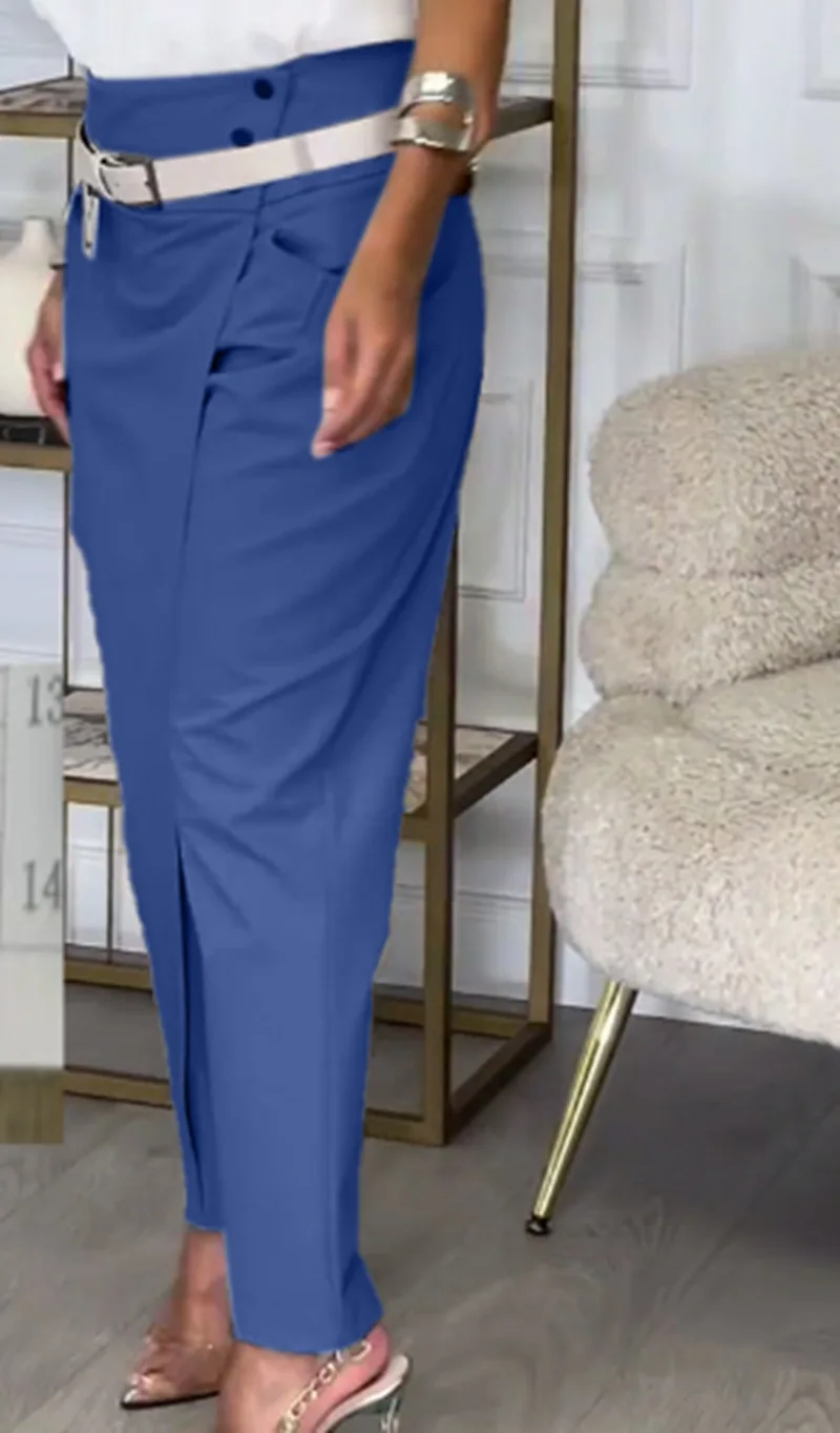Women Pants Irregular Ankle Length Trousers Sashes High Waist Stretch Button Pockets Slacks Bottoms Autumn Office Lady 2025