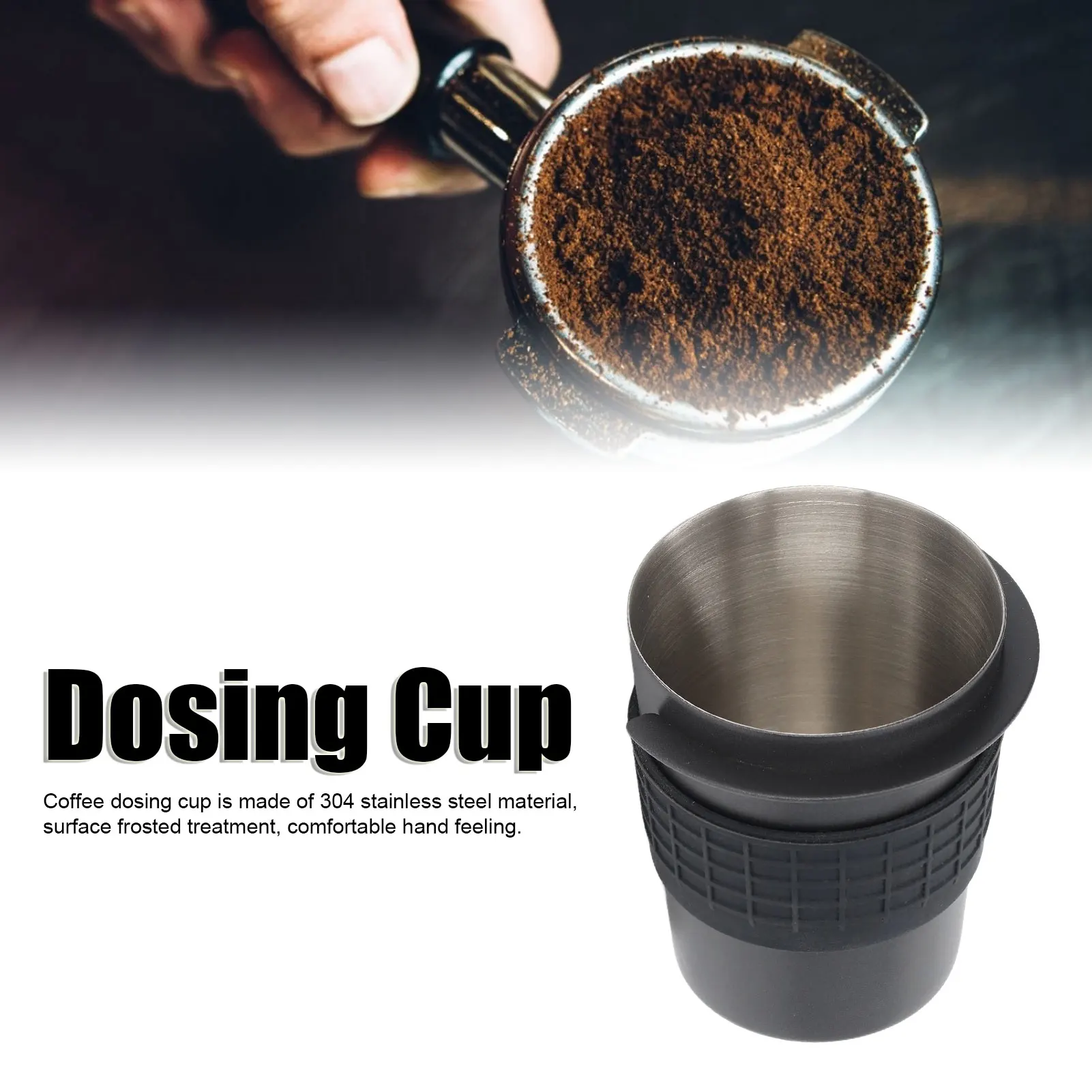 

58mm Stainless Steel Coffee Dosing Cup Coffee Machine Handle Receiving Powder Cup with Silicone Ring Black