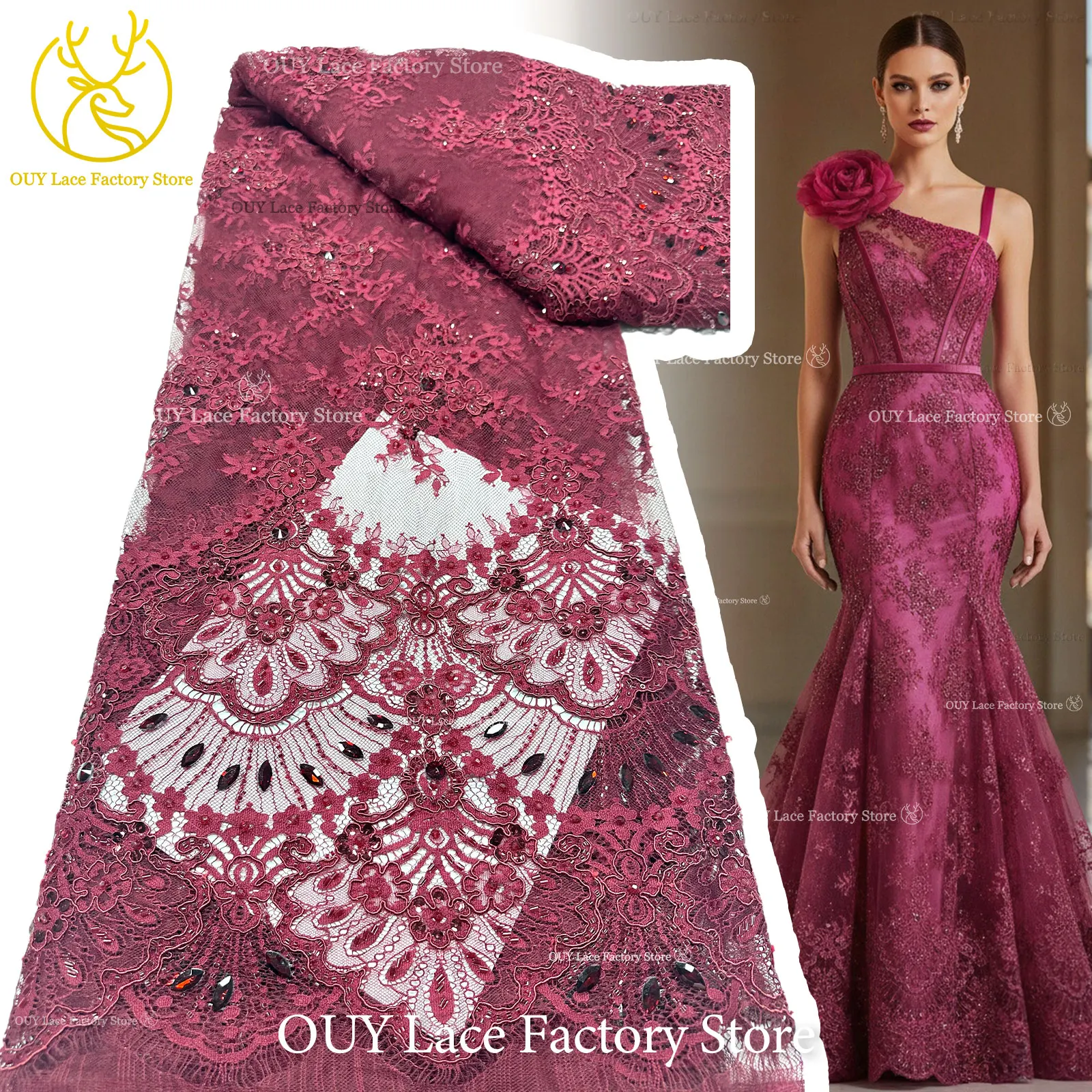 Nigerian Wedding Party Dress Tulle Lace 3 Meters High Quality African Beaded Sequins Lace Fashion French Stone Mesh Lace Fabric