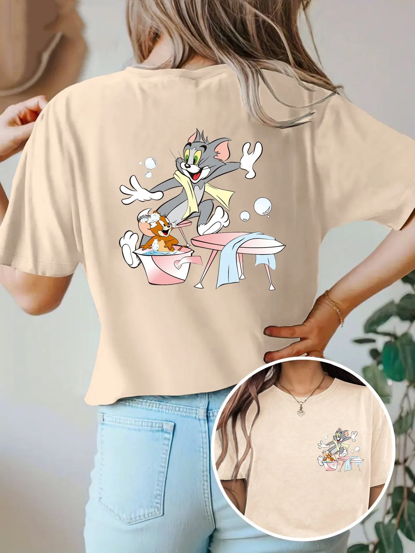 توم وجيري طباعة المرأة تي شيرت قصير الأكمام القطن تيز الكرتون توم وجيري المرأة تي شيرت ماركة ملابس الصيف Y2k القمم #3