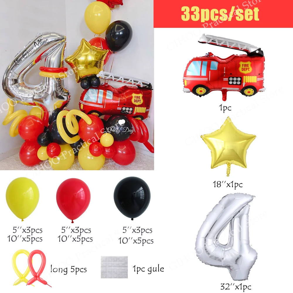 33pcs Fire Truck Number Balloon Set 32inch 1-9 Silver Foil Ball Children Boy Firefighter Theme Birthday Party Decor Baby Shower