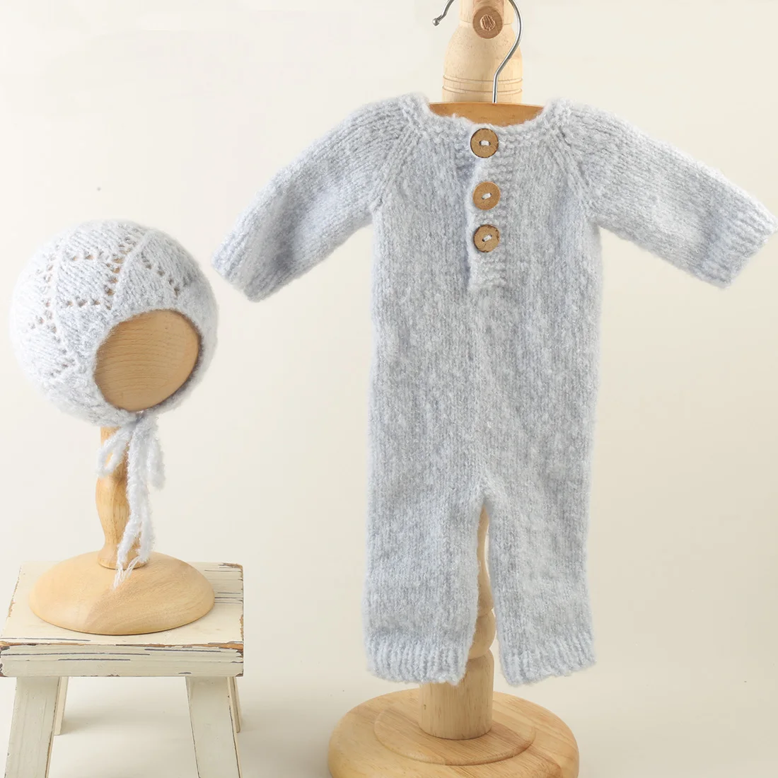 Light Blue Stretch Mohair Newborn Photo Outfit Knit Romper Double Hat Set Infant Studio Shoot Props Clothing