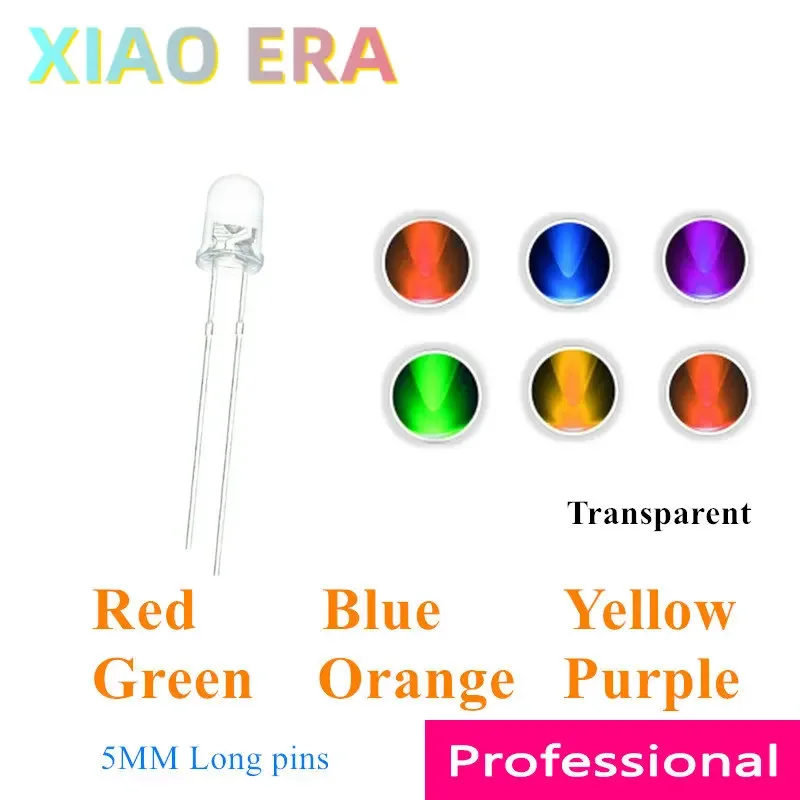 DIP LED 5mm 1000PCS Red Blue Yellow Green Purple Orange amber F5 Long pins 25-27MM LED Transparent round head LED