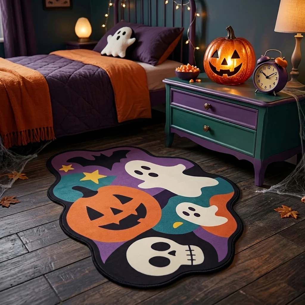 VIKAMA Halloween Irregular Rug Pumpkin Ghost Skull Bat Cartoon Mat Soft Flannel Floor Carpet Home Holiday Decor Bedroom Doormat