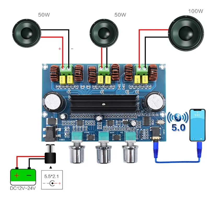 XH-A305 TPA3116D2 Bluetooth-compatible 5.0 Digital Amplifier Board High Power 2.1 Channel Receiver Amp Module with AUX