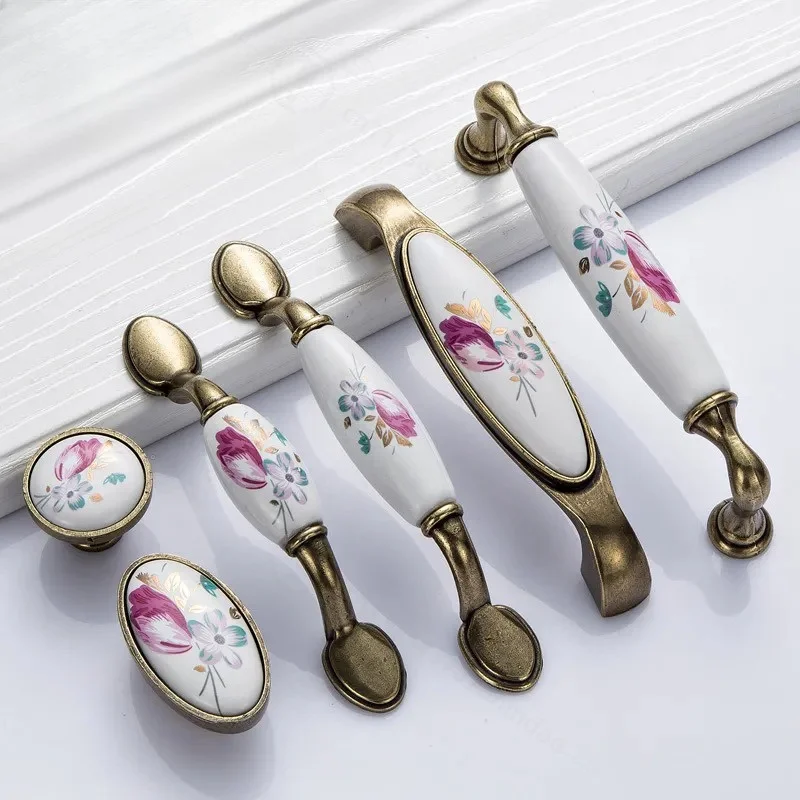 European Style Ceramic Cabinet Door Handle for Kitchen Wardrobe Shoe Cabinet Drawer Chinese Pastoral Furniture Hardware