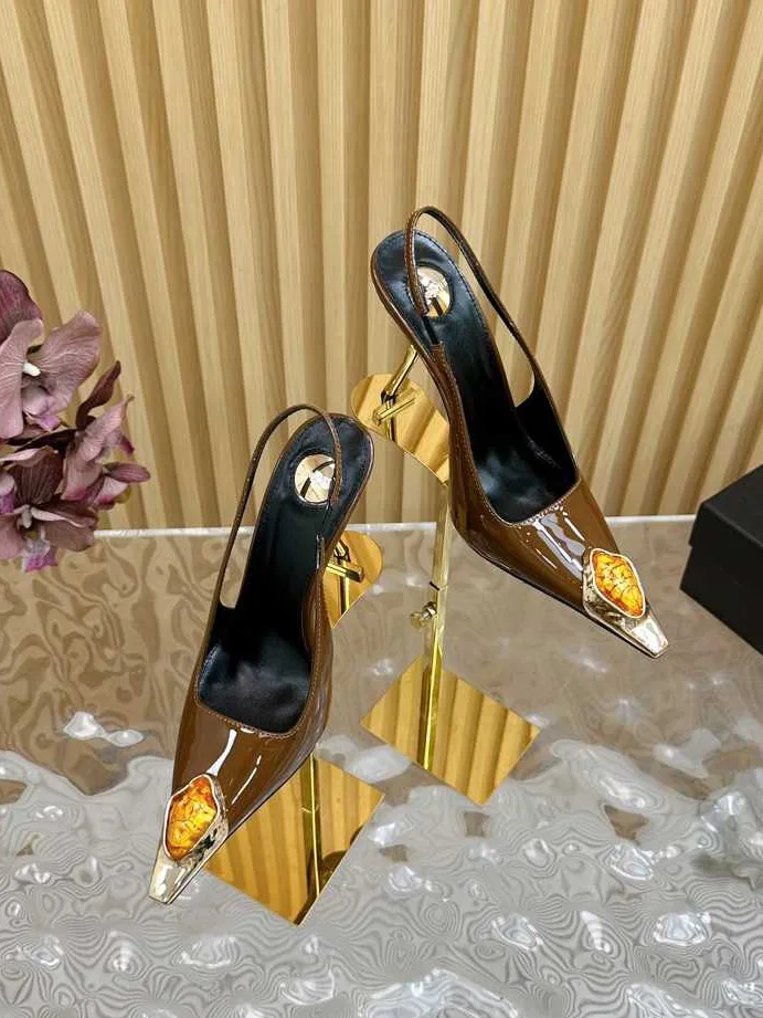 New Spring and Summer Women's High Heels High-end Metal Square Head Patent Leather Stiletto Comfortable Back Sandals
