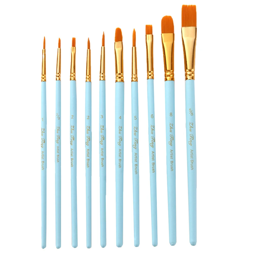 

10 Pcs Brush Set Watercolor Painting Tools Wood Handle Oil Nylon Gouache Paintbrushes