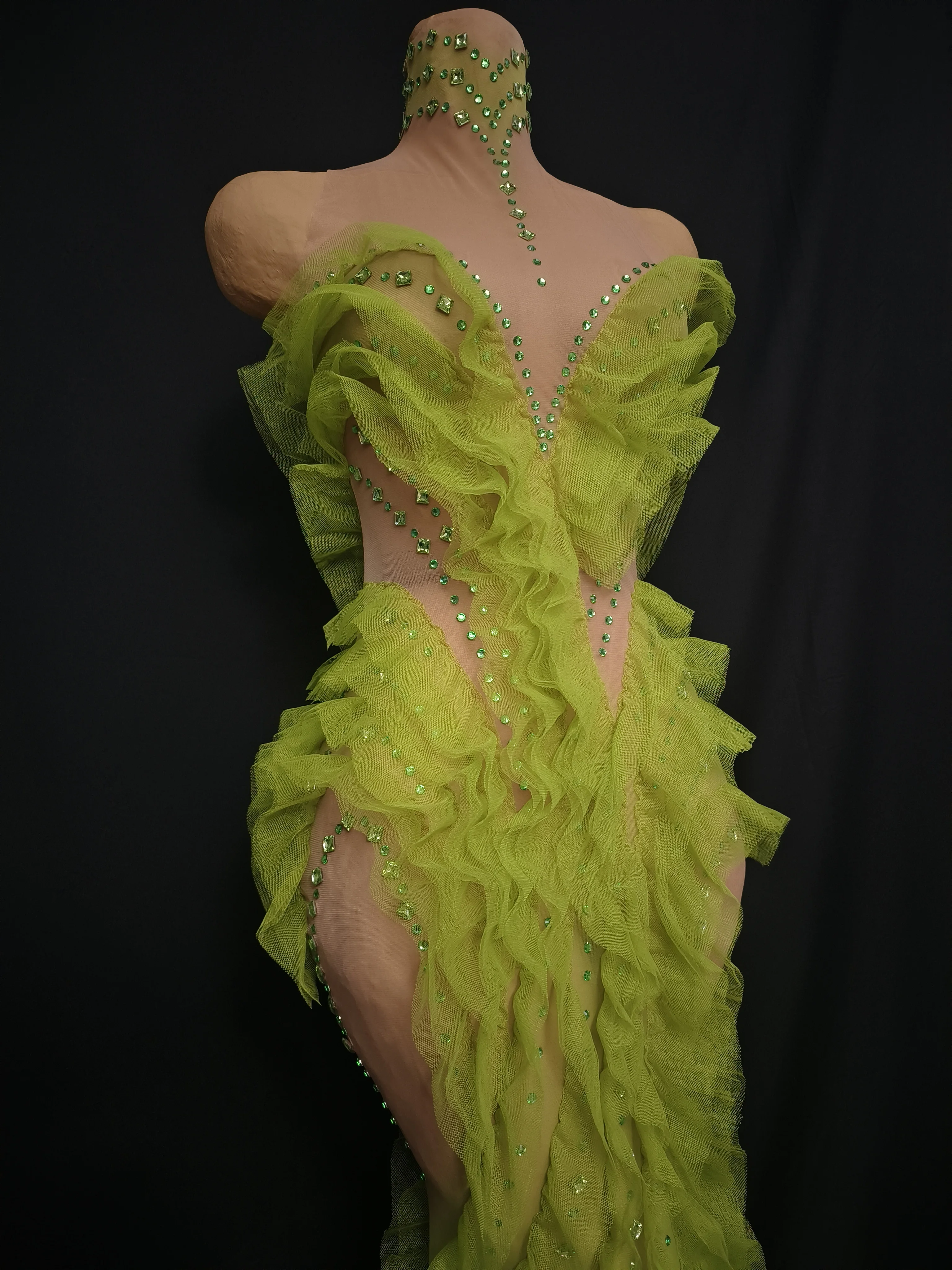 Elegant Sparkly Green Rhinestones Mesh Sheer Ruffle Maxi Dress Celebrate Eveing Birthday Party Nightclub Red Carpet Stage Wear