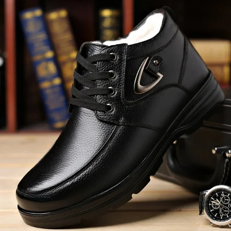 Размер 48, мужская обувь, зимние теплые плюшевые кожаные ботинки, водонепроницаемые нескользящие ботильоны, нескользящие теплые повседневные удобные зимние ботинки