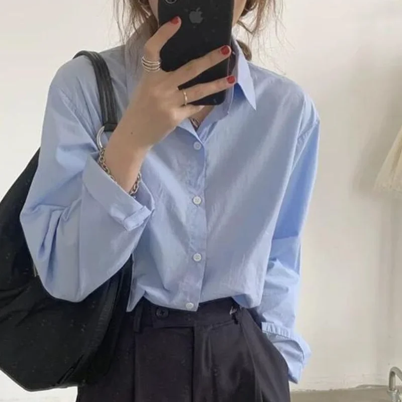 

French Style Retro Cotton Shirt Women Spring Summer Blue Loose Casual Long Sleeve New Fashion Women's Work Blouse