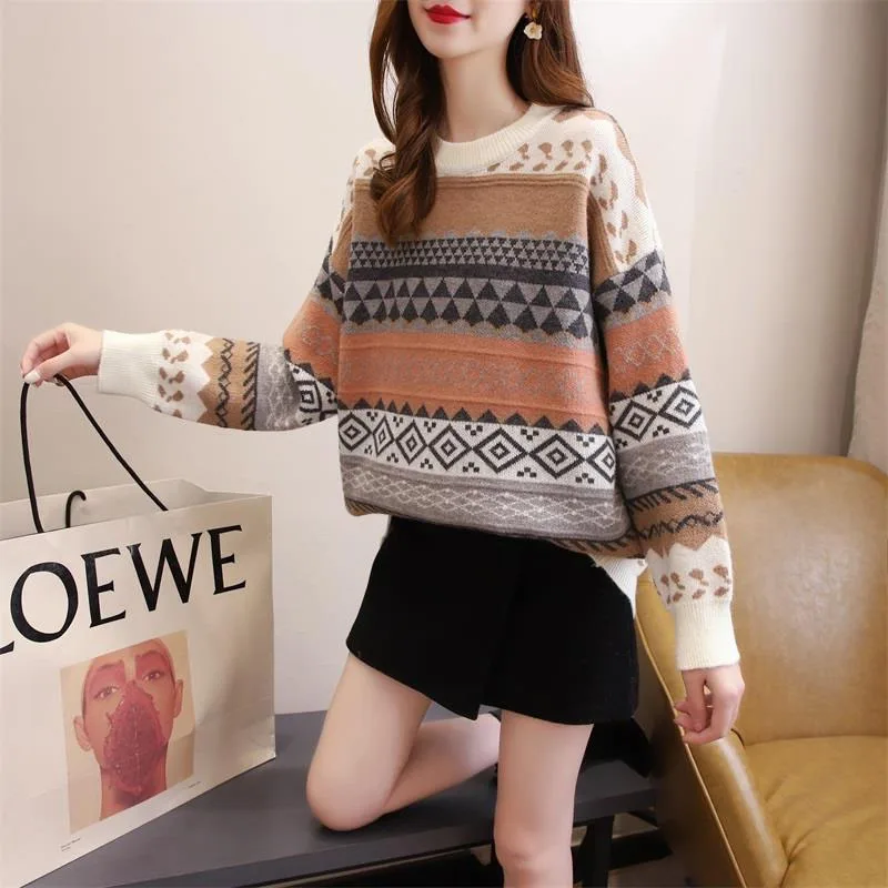 New Autumn and Winter Fashion Lazy Style Retro Jacquard Round Neck Thickened Loose Versatile Western Women\'s Knitted Sweater