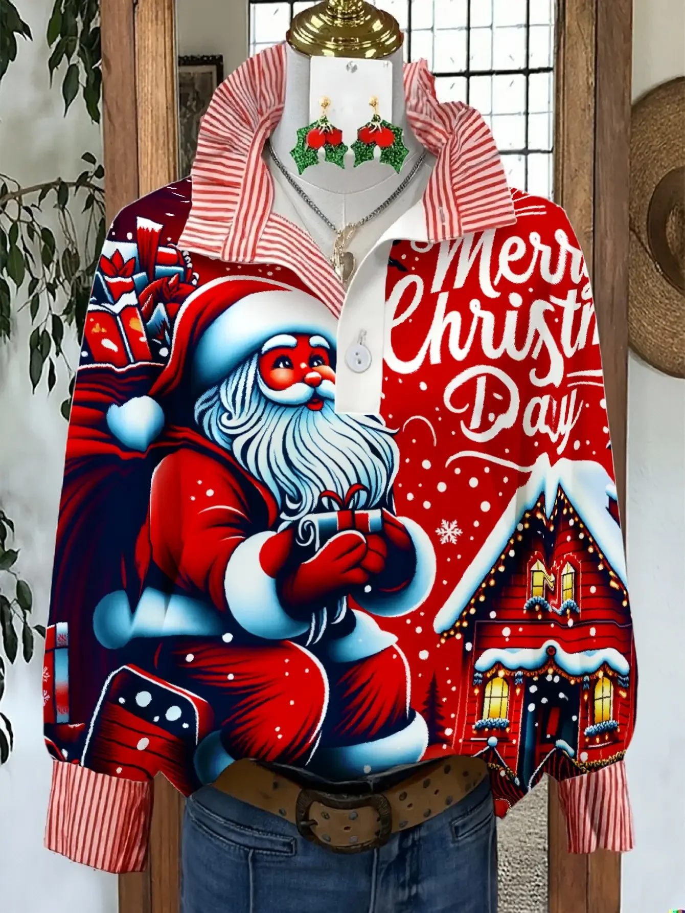 

Women's Plus Size Long Sleeve Stand Collar Shirt with Creative Print for Spring, Autumn, Ladies' Fashion Clothing