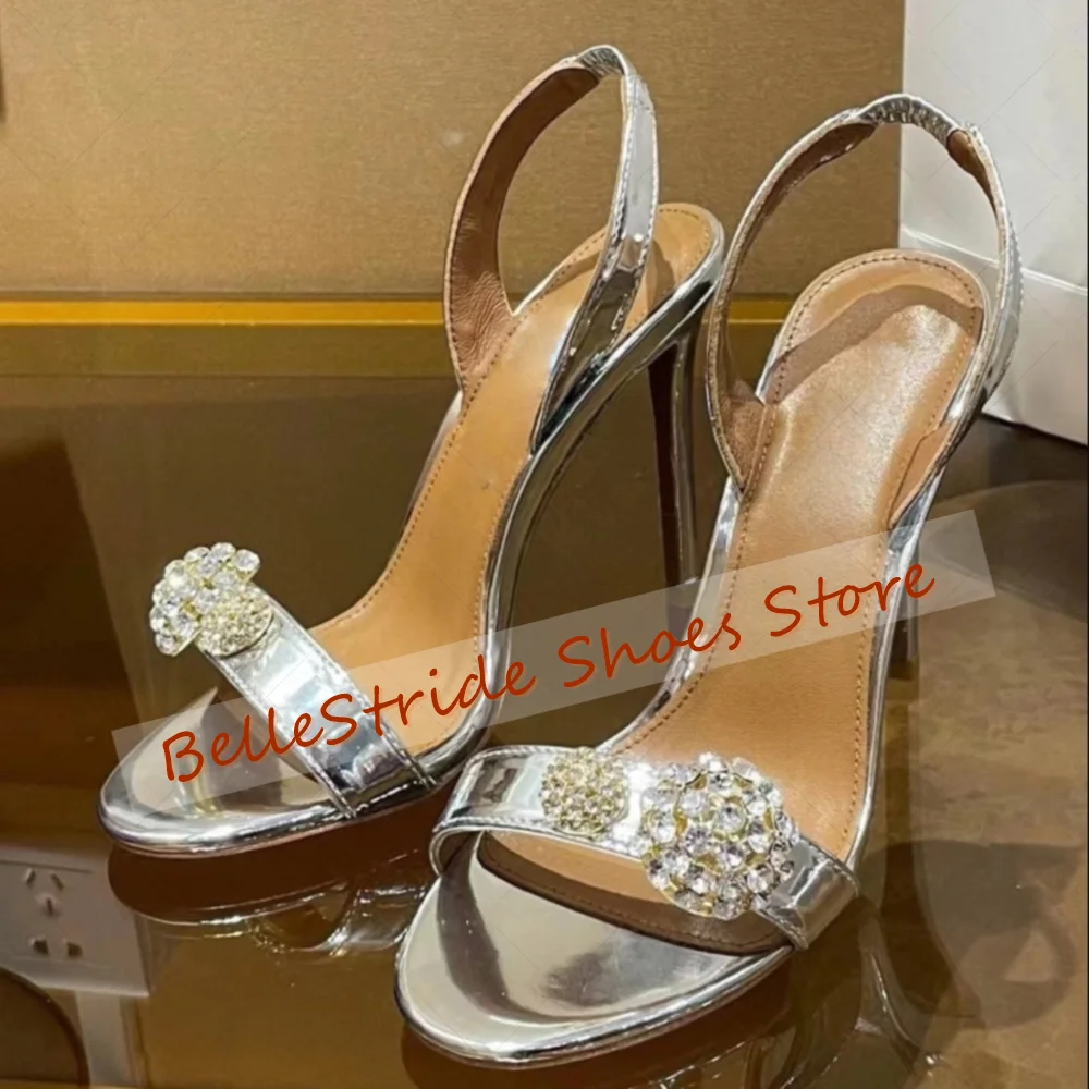 

Silver Crystal Flowers Decor Sandals Open Toe Women Shoes Stilettos High Heels Party Banquet Dating 2025 Zapatos Para Mujere
