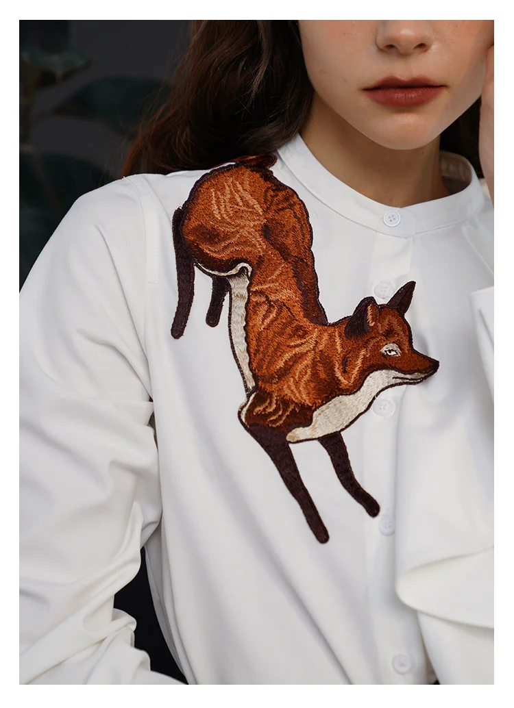 

88-96cm Bust Spring Fall Shirts Original Design Women Vintage Elegant Fox Embroidery Asymmetrical Wavy Ruffle Shirts/Blouses