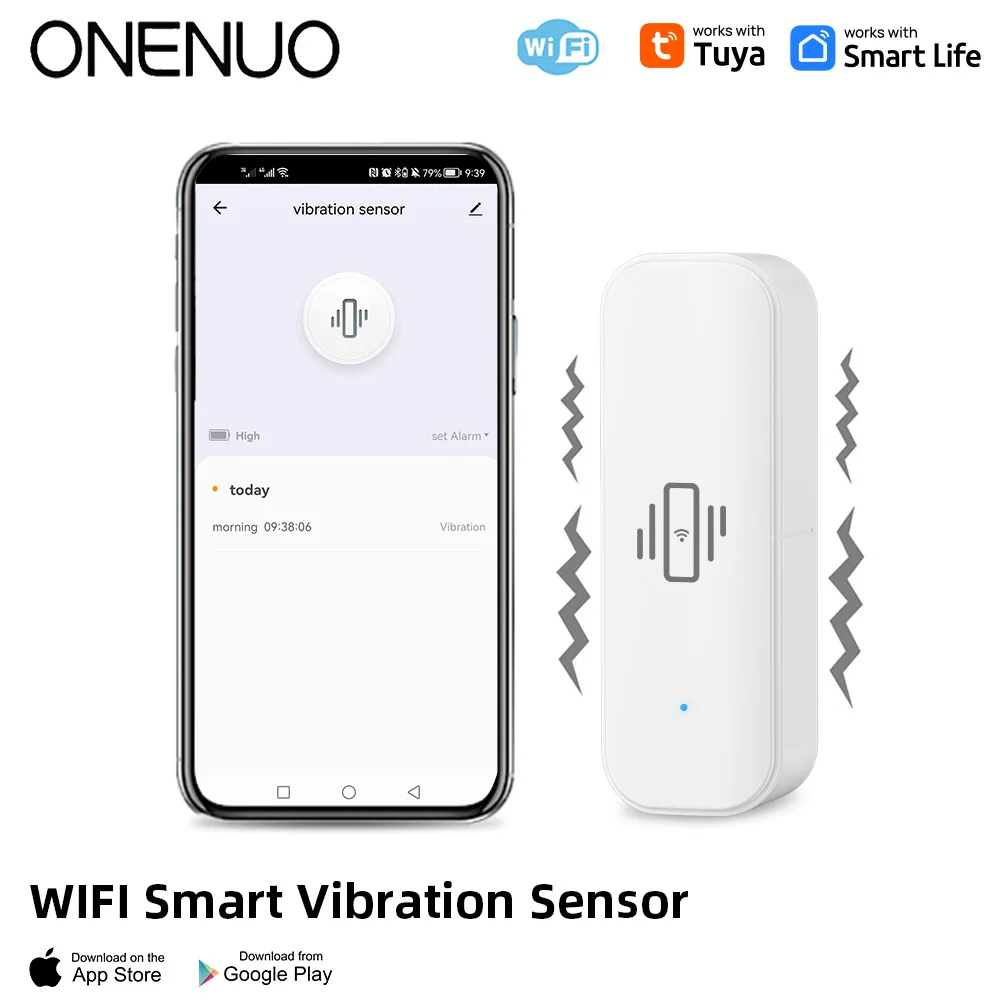 ONENUO Tuya WiFi Smart Vibration Sensor Detection Tuya Smart Life APP notifica in tempo reale Motion Shock Alarm History Record