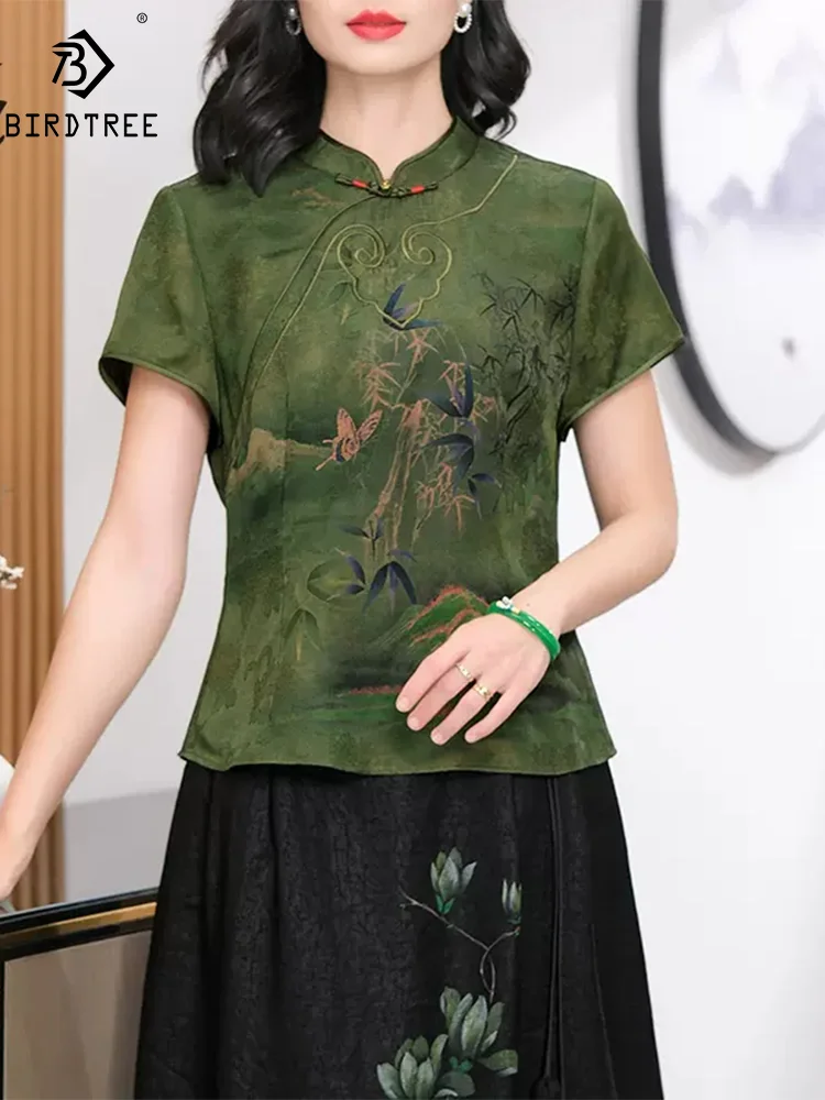 BirdTree, Watered Gauze Real Silk T-Shirts, Women Stand Short Sleeve Butterfly, Vintage New Chinese Tops, 2024 Summer T453112QM