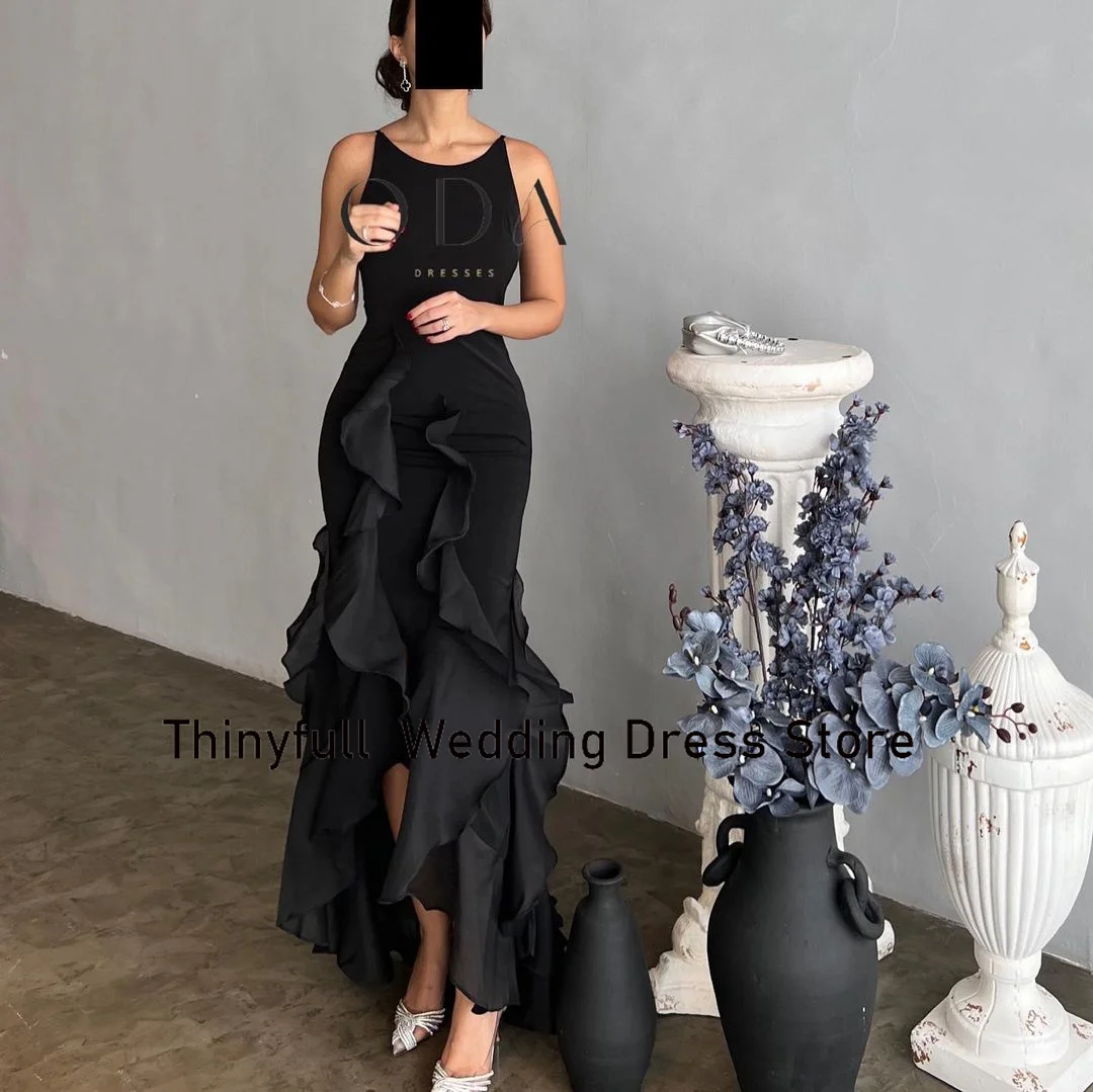 Thinyfull Saudi Arabia Mermaid Black Prom Dresses O-neck Sleeveless Evening Party Dress Satin Ruffles Long Formal Occasion Gowns