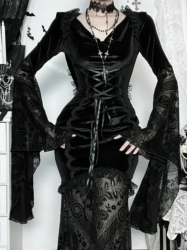 Gothic Sle Halloween K Heksenkostuum Dr Belted Cowl Ne Lange Rok met Puffy Sves Dames Faion Polyestervezel