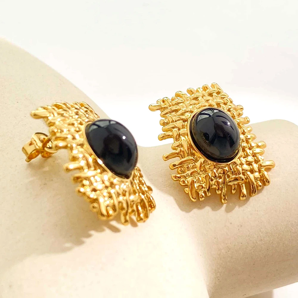 Hand Sculpted Woven Branch Frame Stud Earrings Women Stainless Steel Oval Cabochon Stone Abstract Art Statement Jewelry Gifts