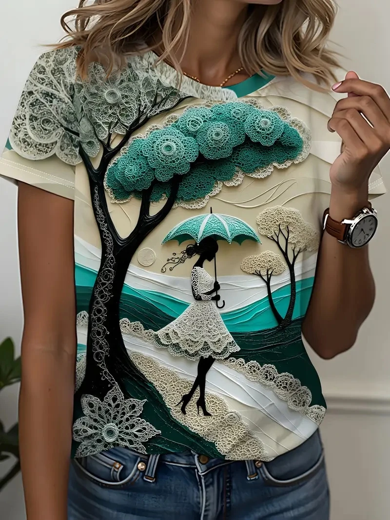 

Женская футболка больших размеров с 3D-зонтиком и короткими рукавами с пейзажным принтом для девочек, свободная и повседневная, мягкая, удобная и дышащая