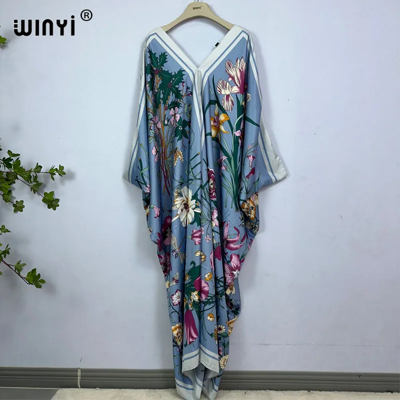 Winyi Kleid Länge: 130cm Mode Truthahn Kleider Böhmen Druck Abaya Frauen lange Kaftan Sommer Farbe afrikanischen Abendkleid Frau