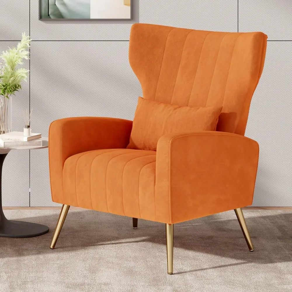 Sillón moderno cómodo de lectura tapizado en tela de terciopelo de mediados de siglo, silla decorativa para sala de estar, naranja