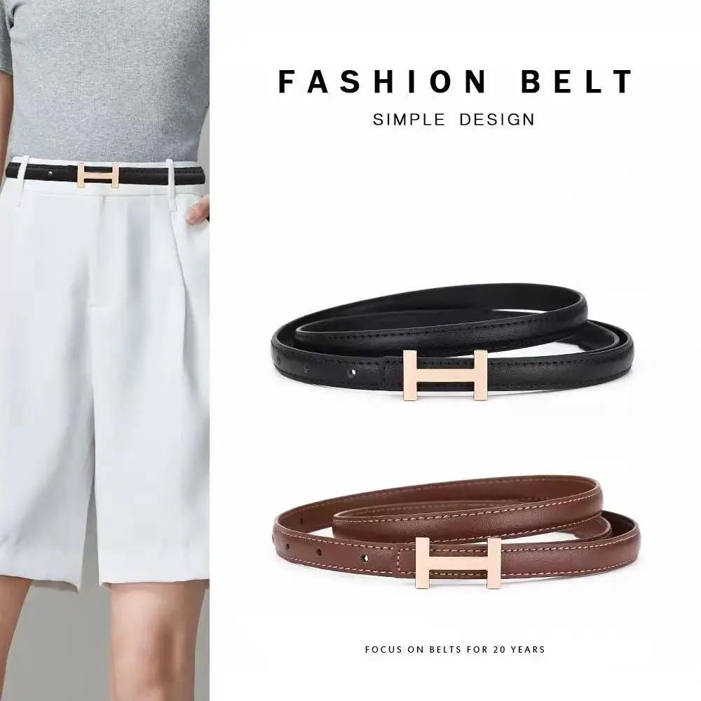 Cinturón de Lujo con Hebilla en Forma de H en Tono Dorado, Diseño Minimalista Cosido, Cinturón Delgado para Jeans, Vestidos y Blazers