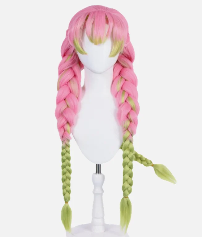 Kanroji Mitsuri Cosplay Wig Kimetsu No Yaiba Long Pink Mixed Green Braided Hair