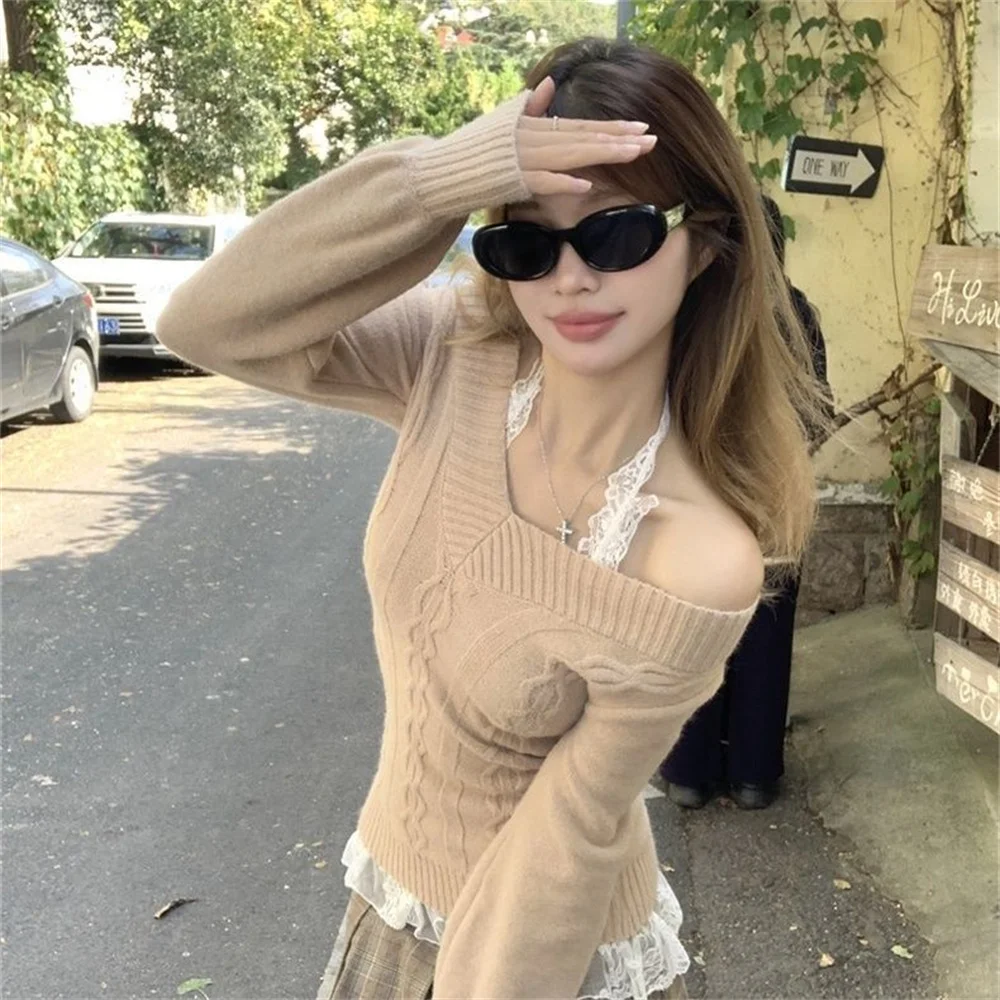 Moda vintage scollo a V lavorato a maglia top donna 2025 inizio autunno nuovi maglioni pullover slim pullover a maniche lunghe maglioni grigi sexy